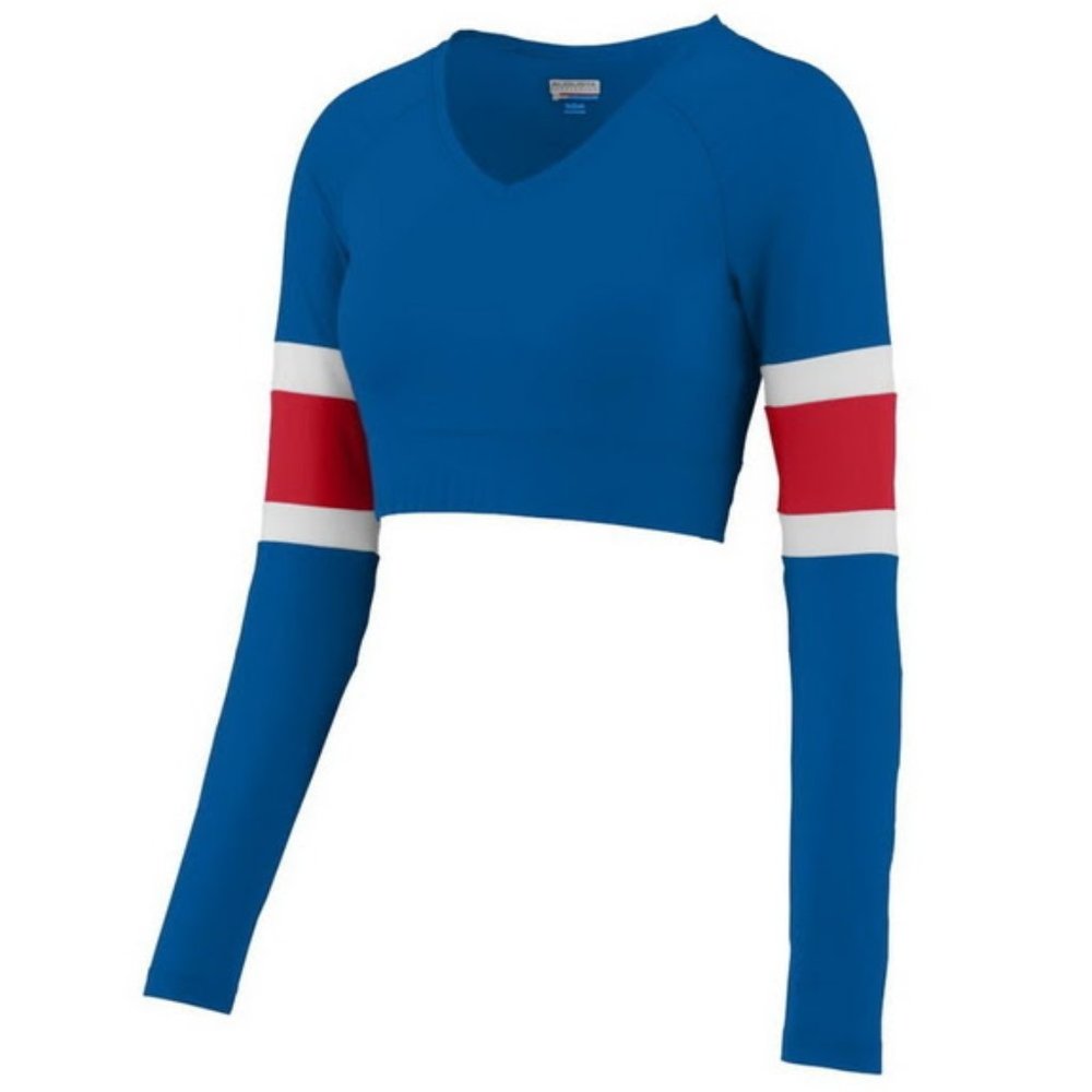 Blue and red stripe long sleeve v-neck crop top